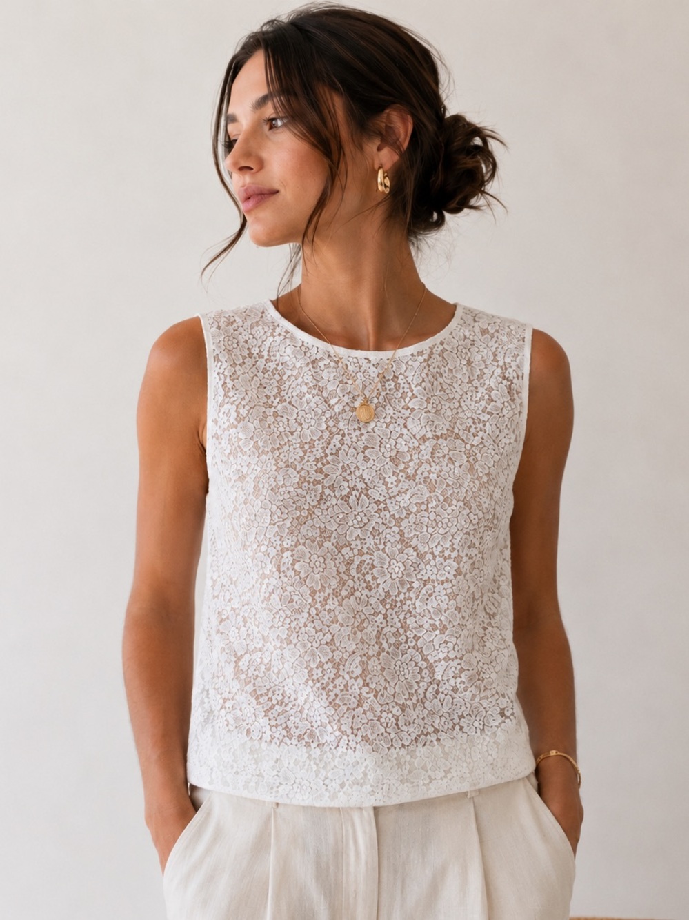 Vintage Together! White Floral Lace Shell Top Sleeveless Romantic Cottagecore